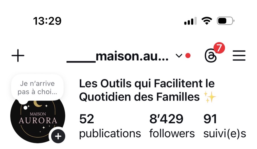 Compte Instagram Maison Aurora après trois mois : 8 429 abonnés